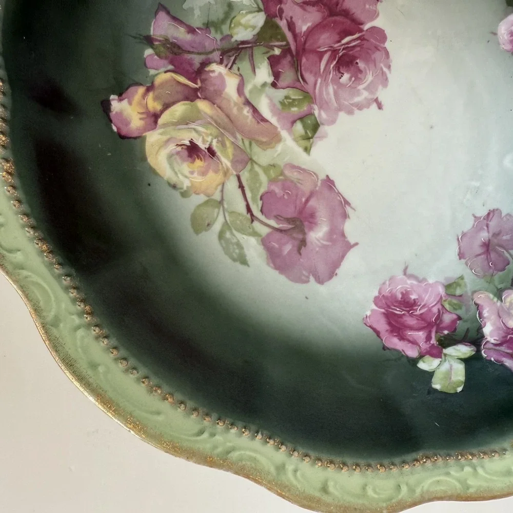 Three Crown China Germany Hand Painted Bowl Roses Gilt Edge‎ 9.5